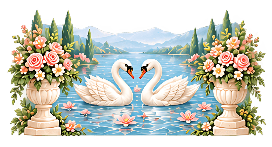 Two swans forming a heart on a calm lake
